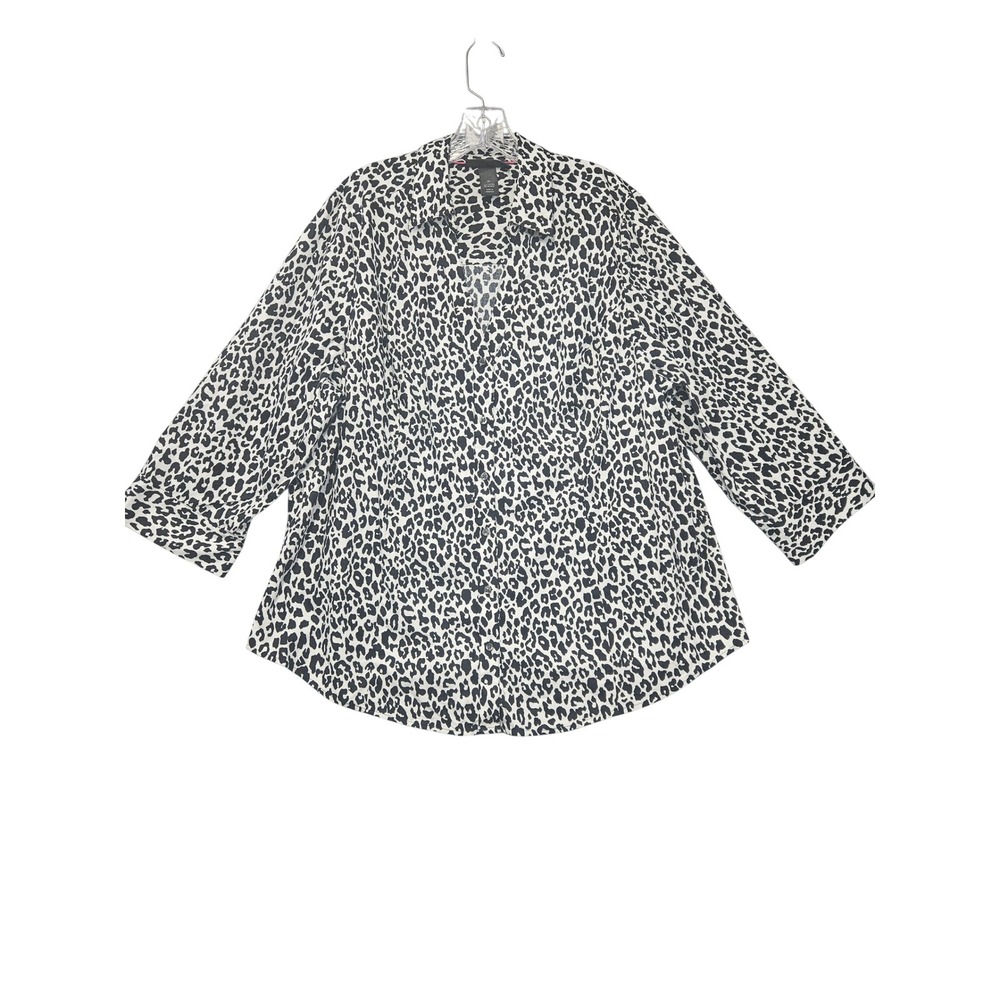 Lane Bryant Womens 24 Leopard Print Button Down 3/4 Sleeve Cotton Stretch Shirt